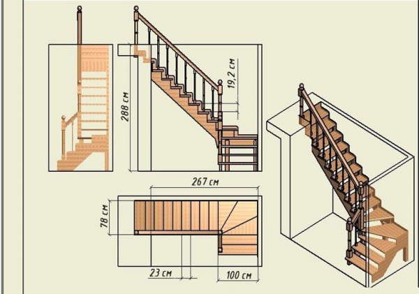 Чертеж лестницы с углом поворота в 90 градусов